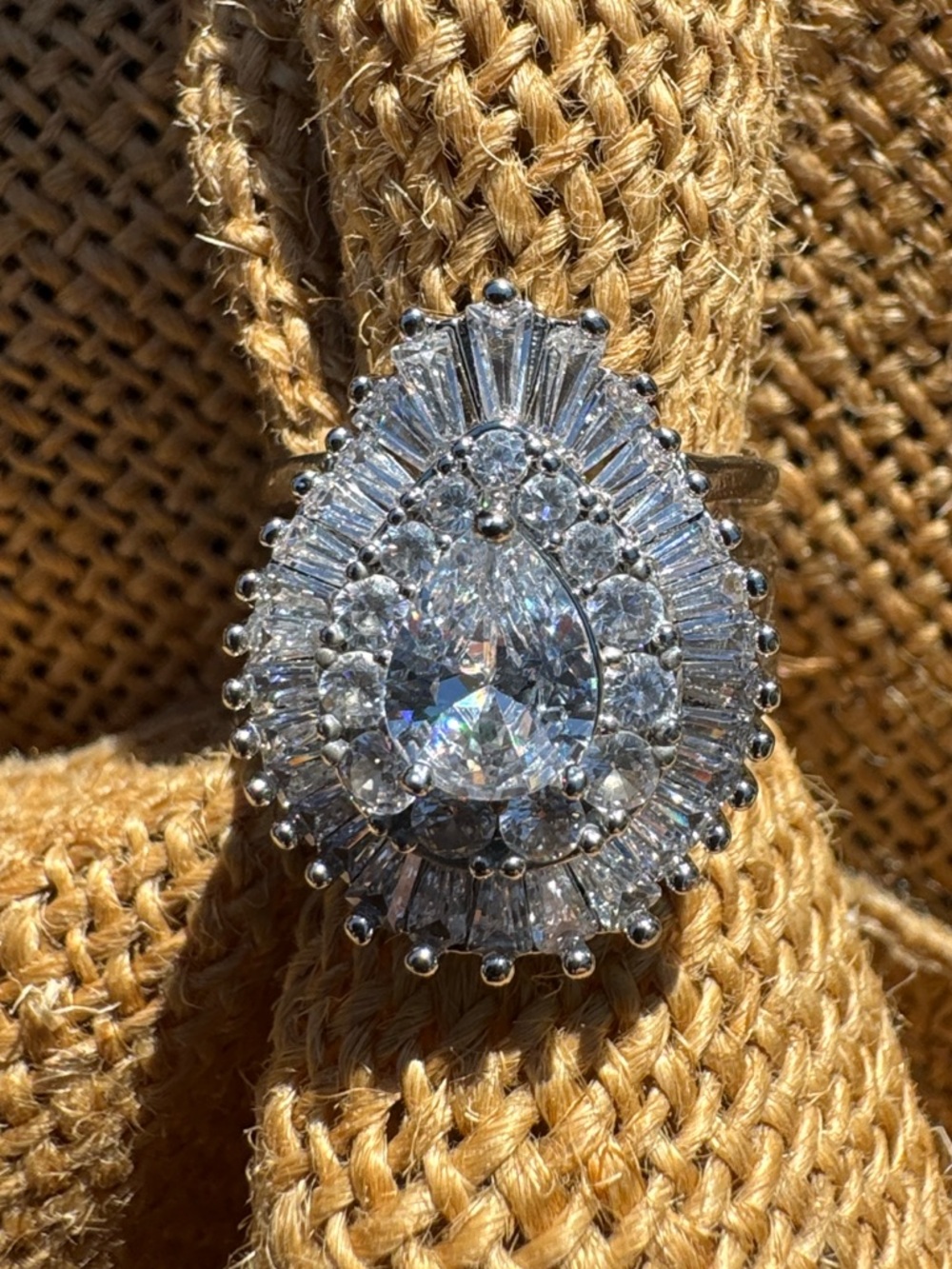 Pear-Cut Halo Cocktail Ring in Silver with Clear Stones Size 7